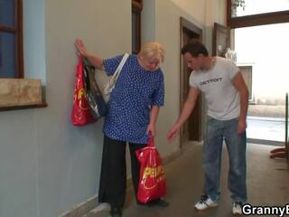 Superior Blonde Granny Pleases Lucky schoolboy For Help