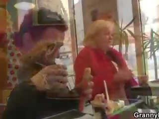 Huge grandma is picked up in cafe